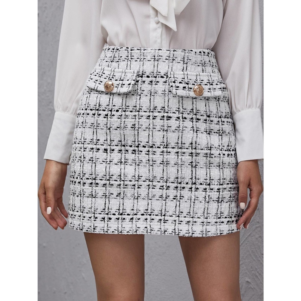 High Waist Plaid Tweed mini Skirt black - Picture 6 of 8